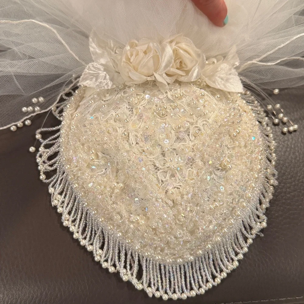 Ivory White Vintage Beaded Bridal Hairpiece/ Fascinator with toile Veil